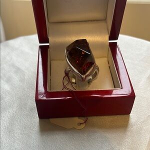 Silver Ring with Amber Red Stone
